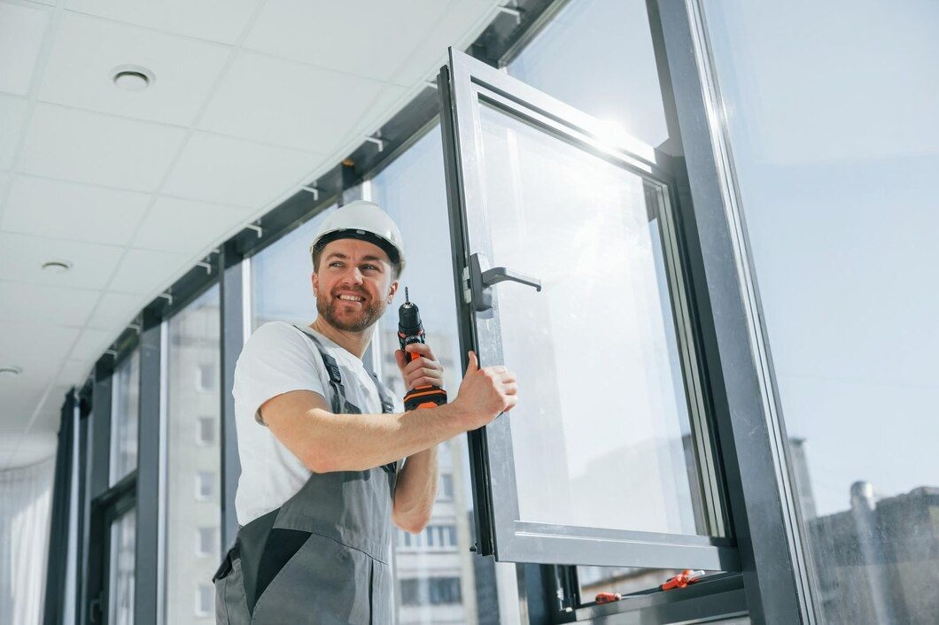 Smiling window installer using a drill while fitting a modern glazed window in a bright interior space.