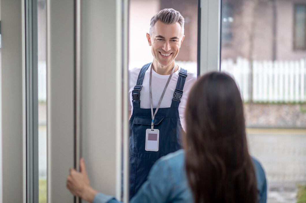 Smiling installer or consultant arriving at a customer’s home, greeted at the door.