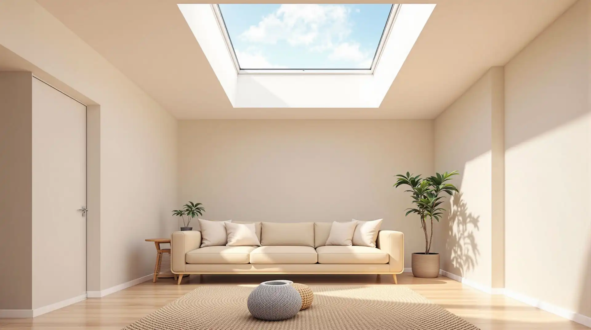 Minimalist living room with beige sofa and a large flat roof lantern bringing in natural light