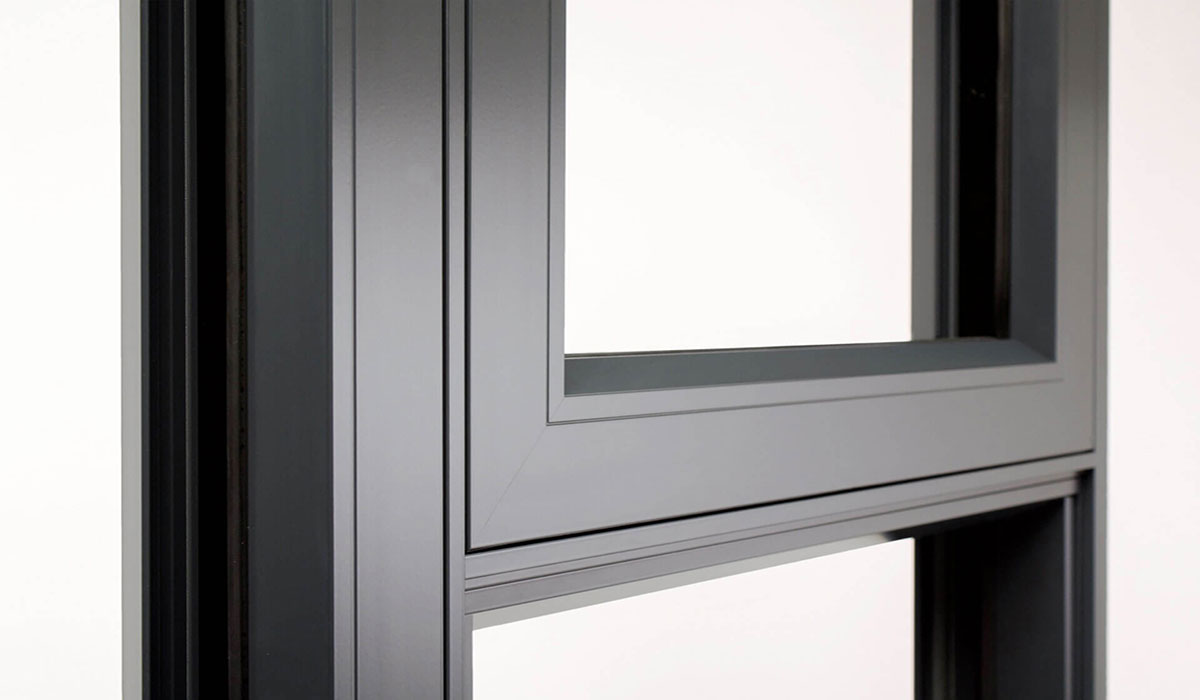Close-up of an anthracite grey aluminium window frame.