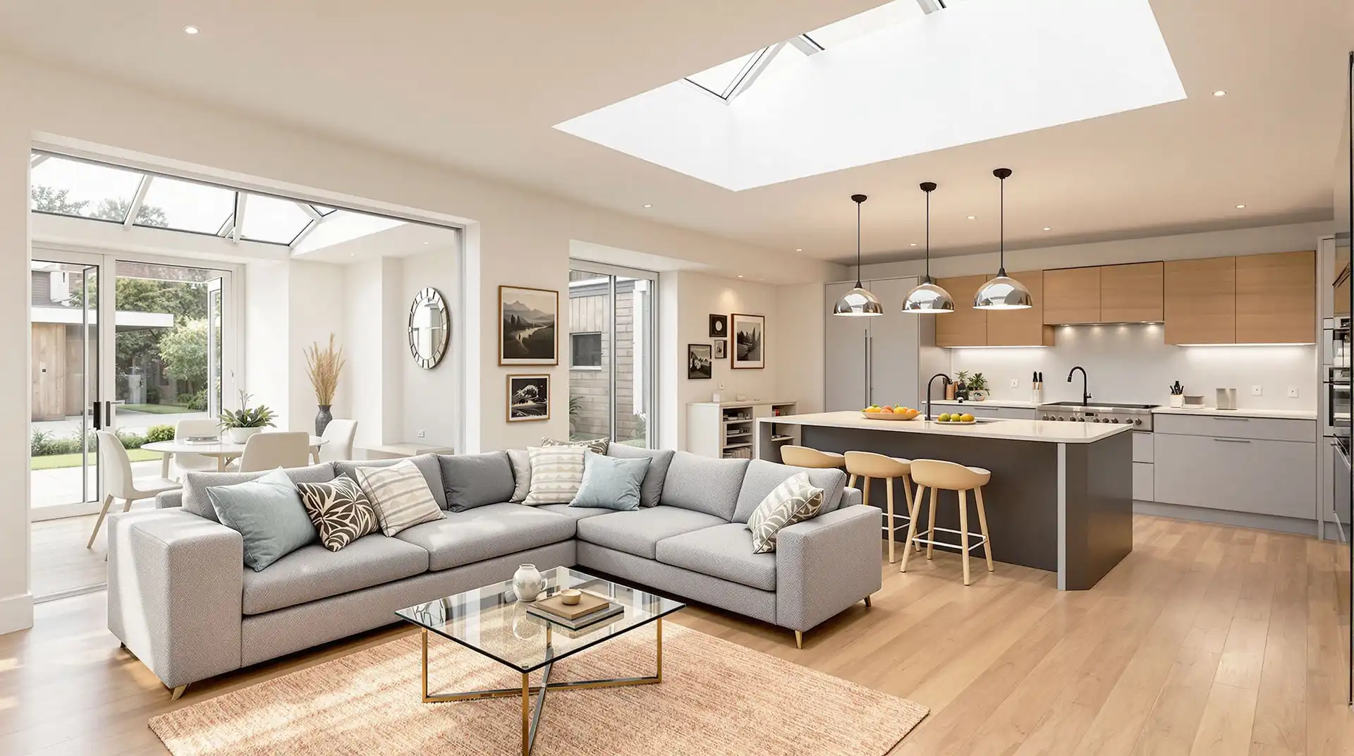 Bright open-plan living space with white-framed roof lantern, modern kitchen, and garden access