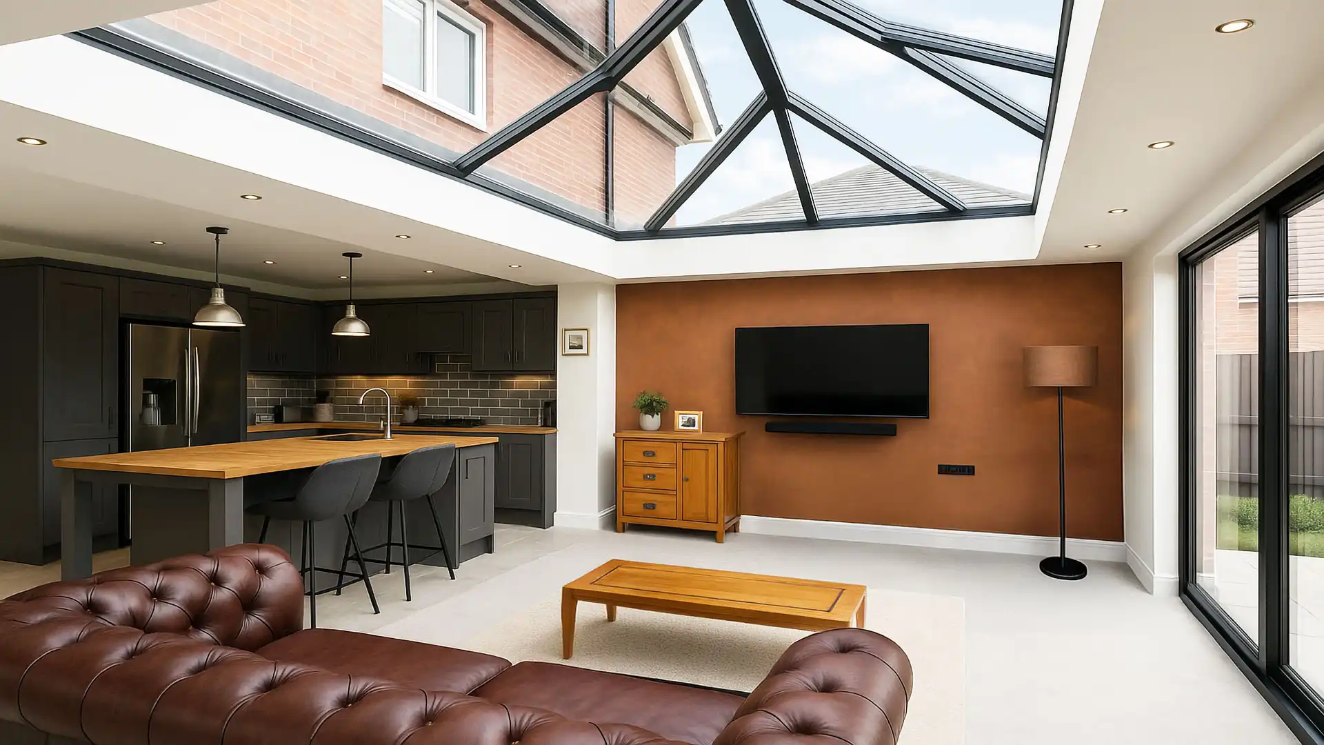Modern kitchen and living space with a large black-framed roof lantern and sliding glass doors