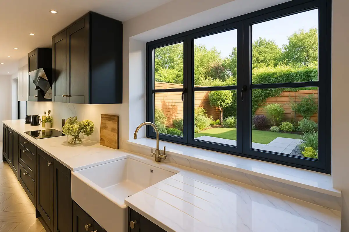 Stylish kitchen interior featuring a black aluminium window with garden view and shaker-style cabinetry.