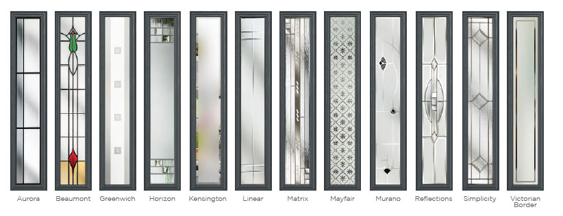 Various composite door glass panel designs including styles like Aurora, Murano, and Simplicity.