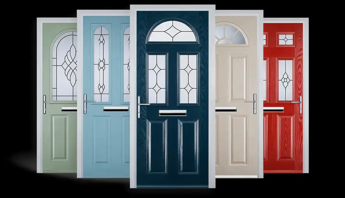 A lineup of colorful composite front doors with decorative glass panels and chrome handles.
