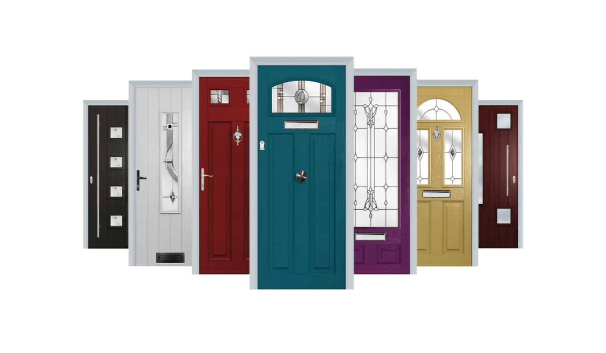 A variety of colorful composite front doors in different styles and finishes.