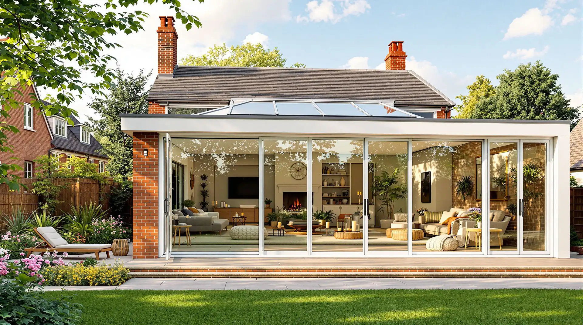 Modern flat roof conservatory with full-height glass doors attached to a brick house, opening onto a landscaped garden