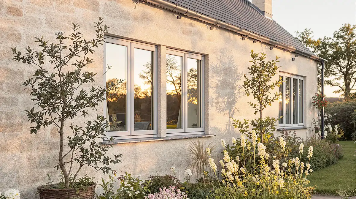 Modern grey flush casement aluminium windows installed on a light stone cottage surrounded by a blooming garden.
