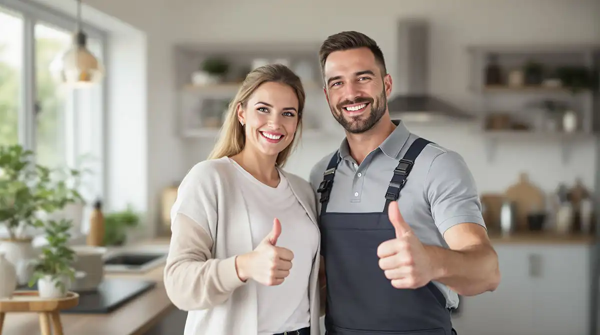 Happy customer and conservatory installer giving thumbs up in a modern kitchen setting
