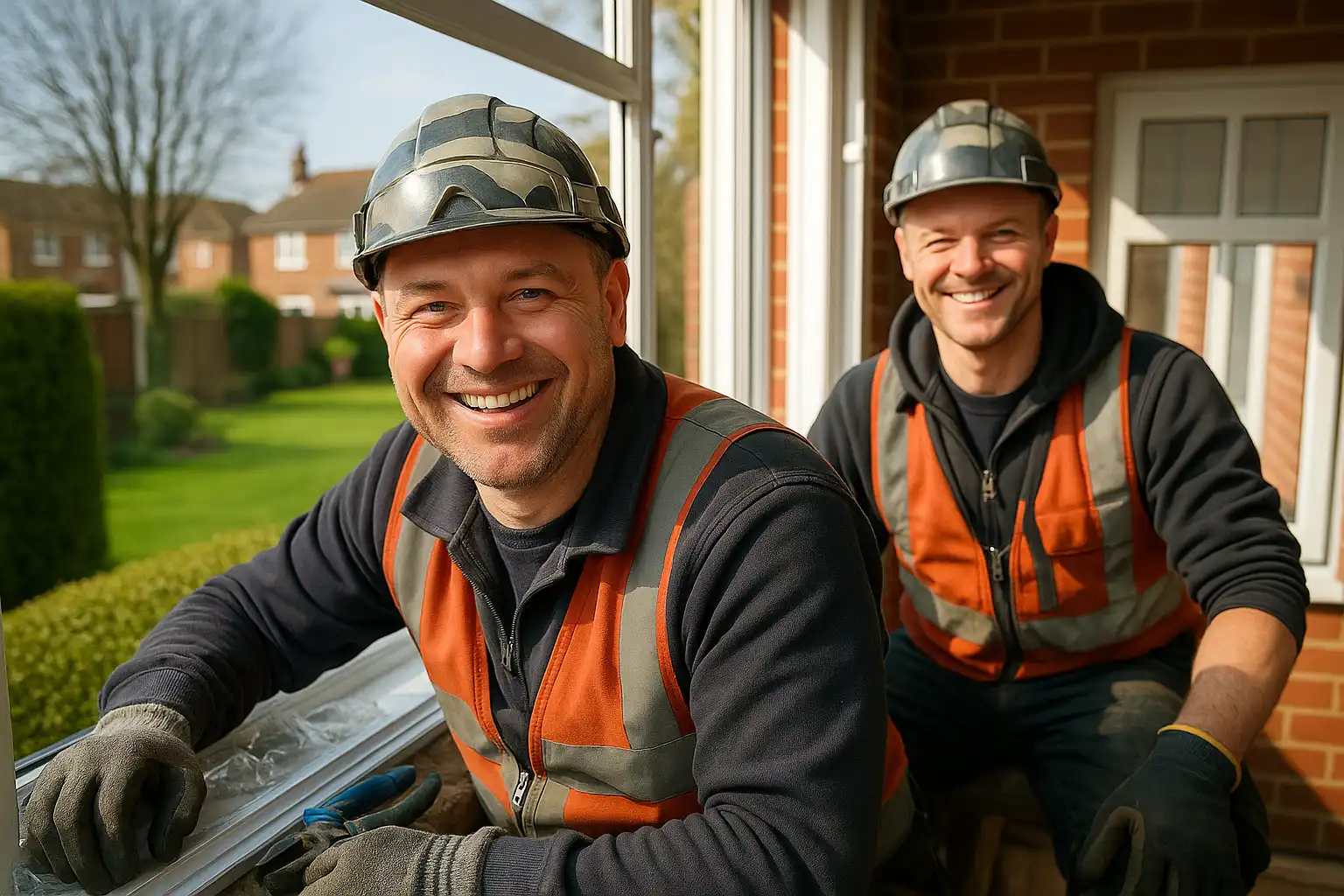 Smiling window installers fitting a double glazed window on a residential property