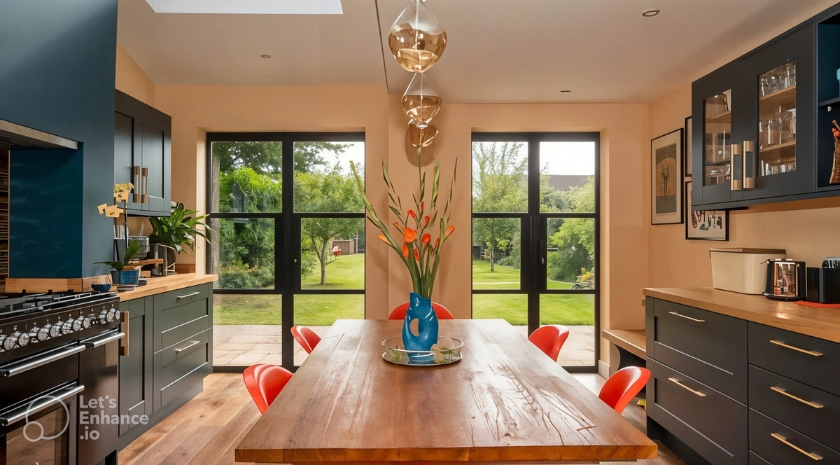 Modern kitchen with large black-framed heritage-style French doors opening to a garden.c