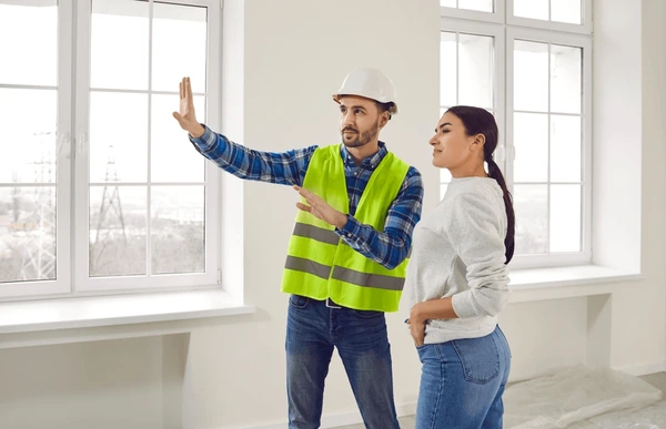 Construction worker in high-visibility vest and hard hat explaining project details to a customer near windows
