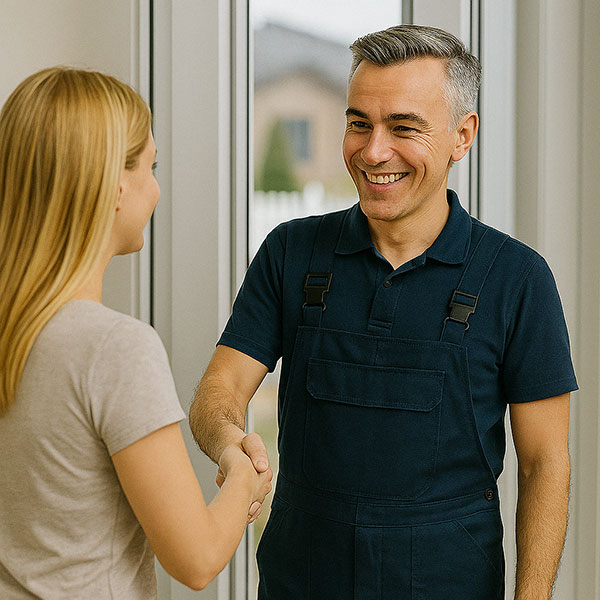 Smiling installer in uniform shaking hands with a woman indoors near a window.