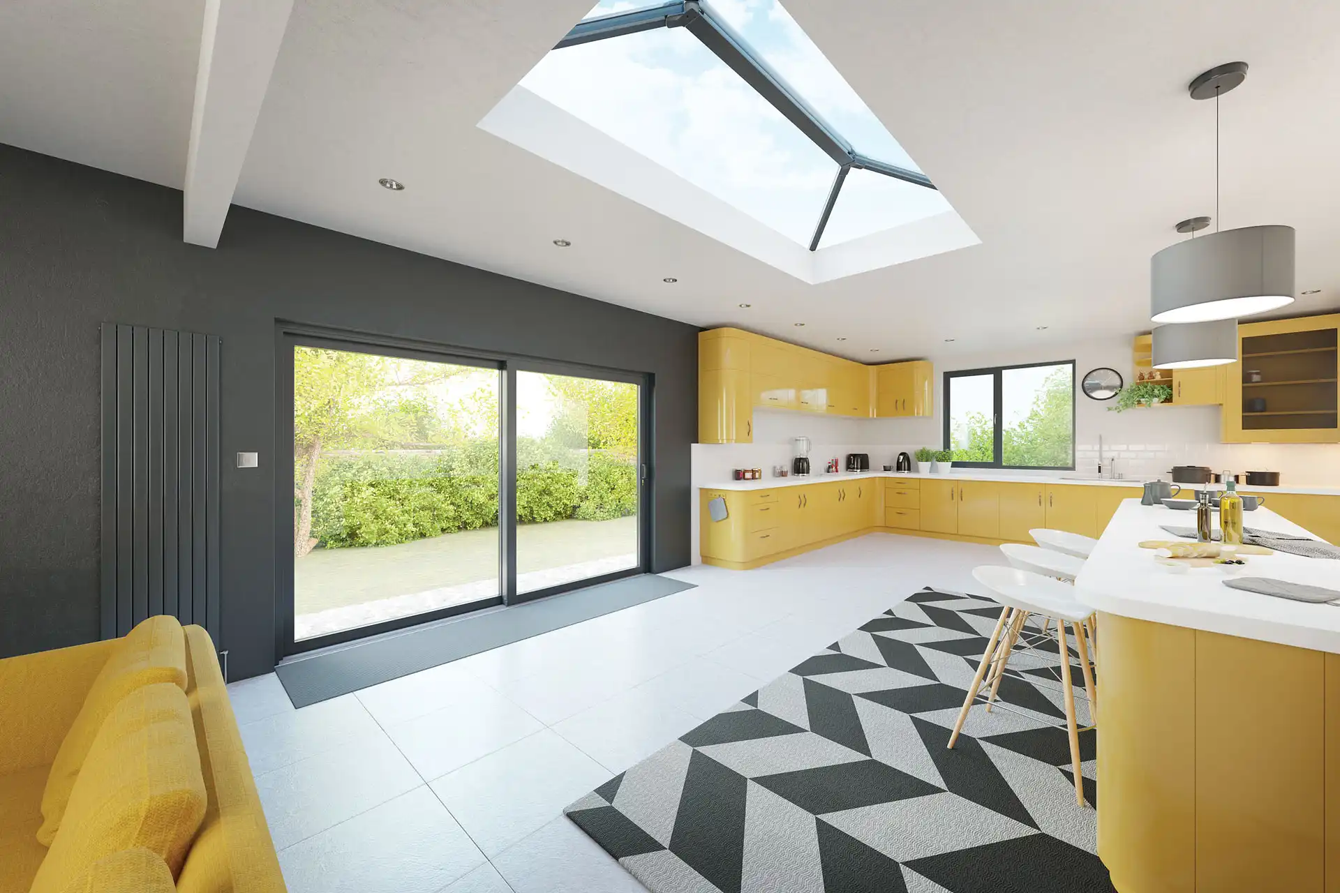 Bright modern kitchen with yellow cabinets and a roof lantern skylight bringing in natural light