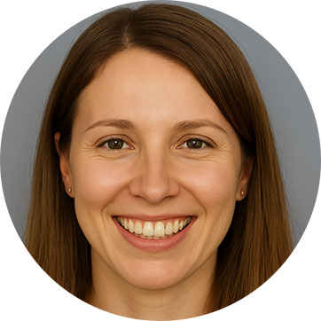 Smiling woman with straight brown hair against a neutral background.