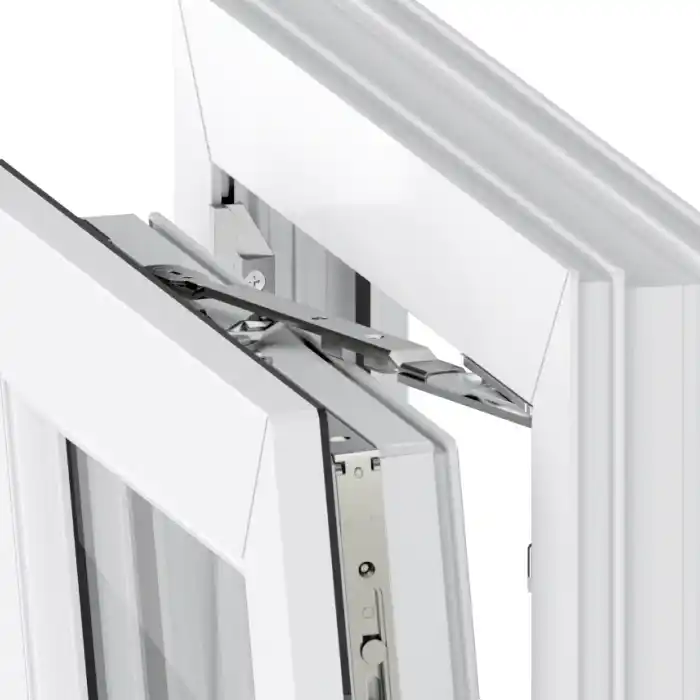Close-up of white uPVC tilt and turn window showing the open hinge mechanism and multi-functional design.