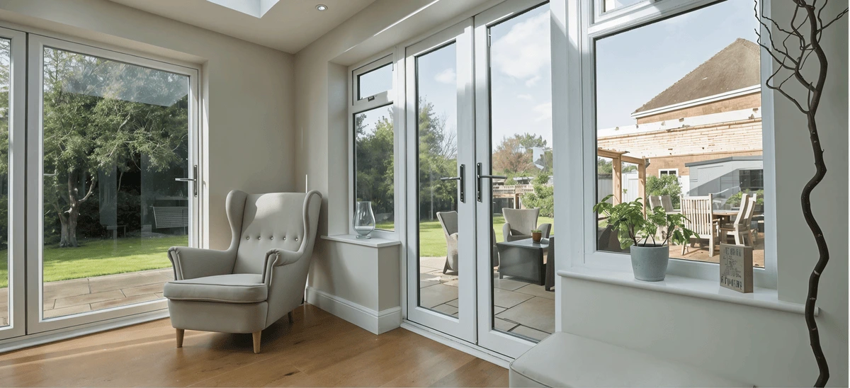 White uPVC French doors and windows in a bright modern room, opening onto a garden patio.