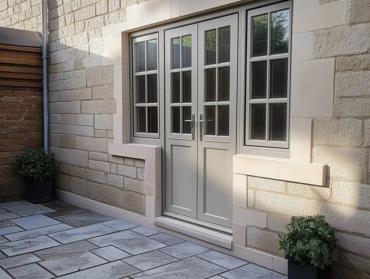 Cream-coloured uPVC French doors with matching side windows on a stone-clad exterior wall