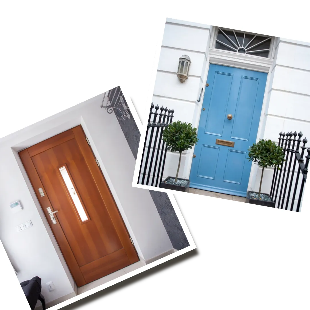 Two stylish front doors, one in warm wood and the other painted light blue, shown in a modern photo collage