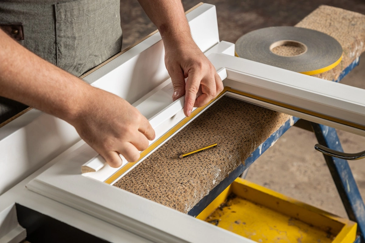 Craftsman assembling a timber window frame by hand with precision tools and materials