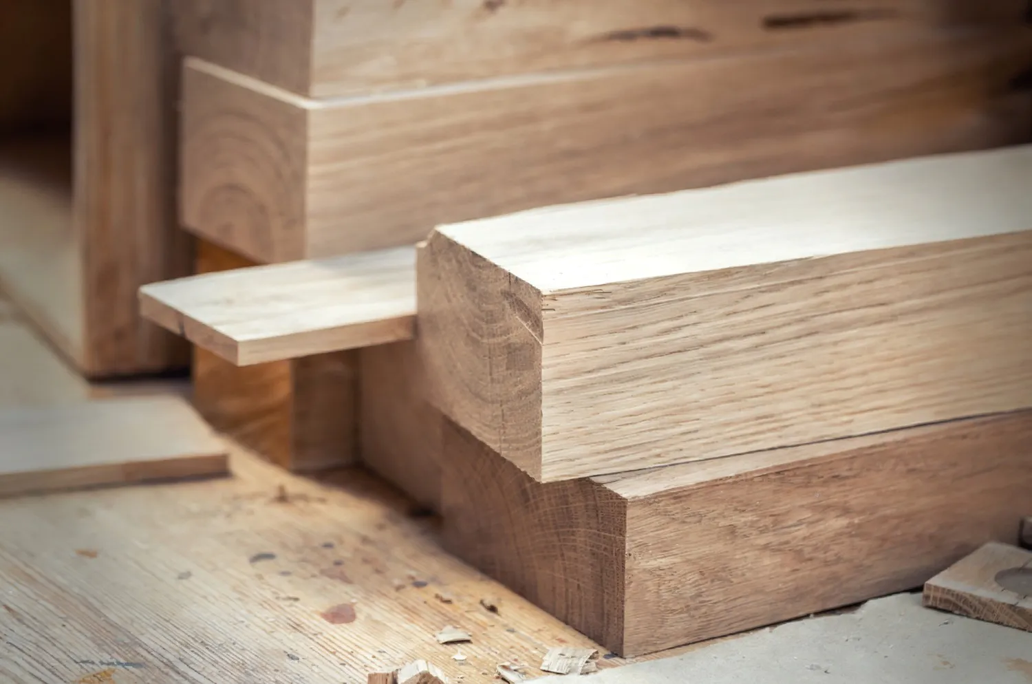 Close-up of stacked timber blocks in a woodworking shop