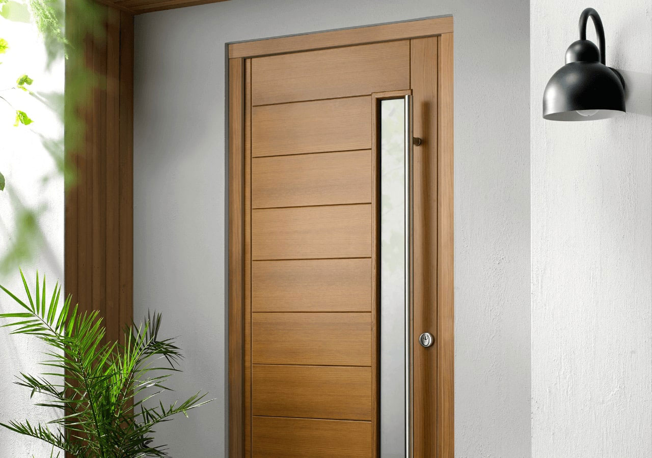 Modern entrance door with vertical glass panel and sleek handle