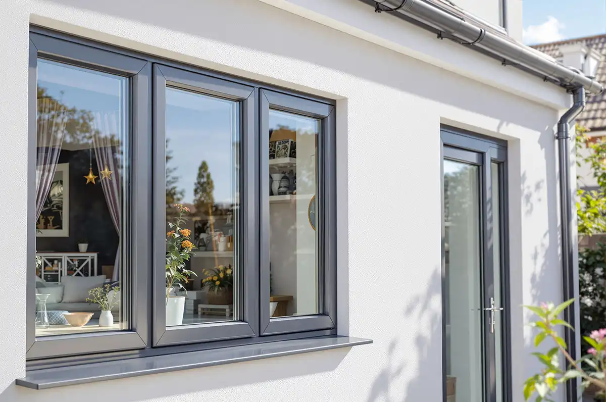 Stylish aluminium window and door frames installed on a smooth white exterior wall with a view into a cosy home interior.