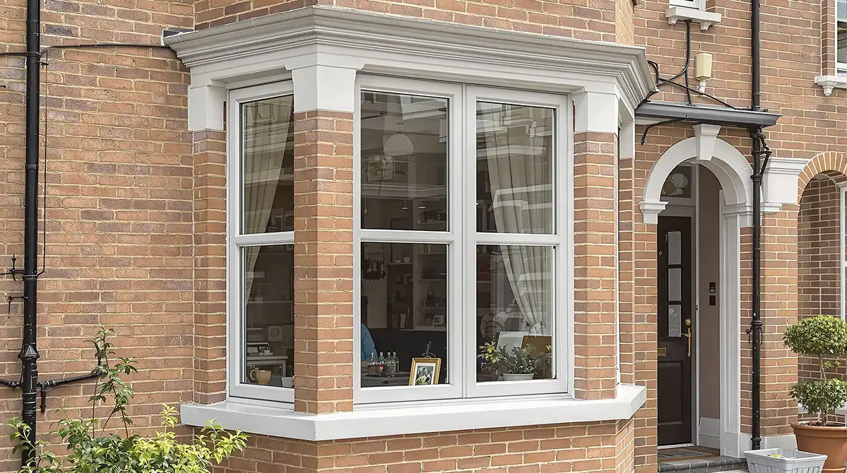 Bay window in white frame installed in a red brick house with classical detailing.