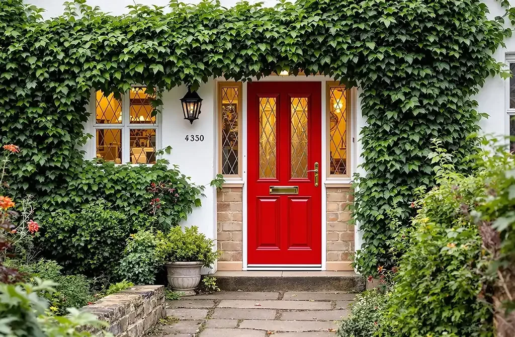 Bright red Buxton style front door framed by decorative glass panels and lush greenery.
