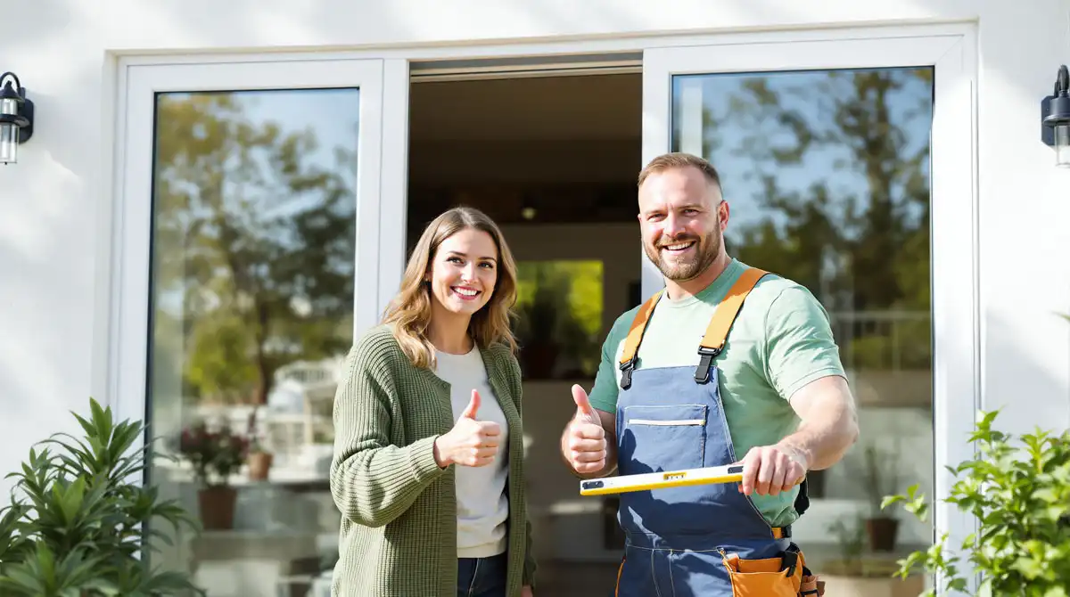 Happy customer with window and door installer giving thumbs up after successful installation