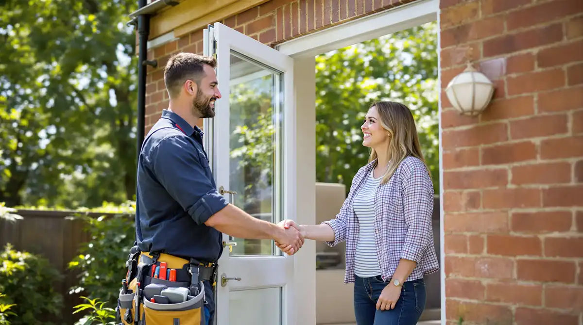 Smiling homeowner shaking hands with an installer outside a residential property.