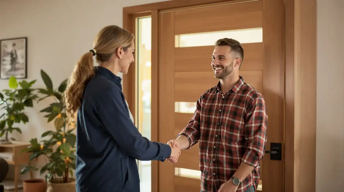 Smiling homeowner shaking hands with a professional inside a well-lit entryway
