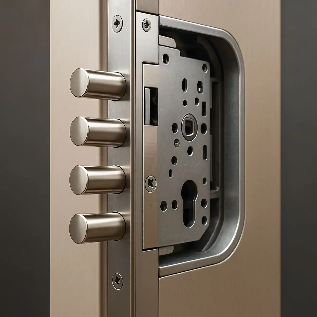 Close-up of a multi-point locking system inside a designer aluminium door.
