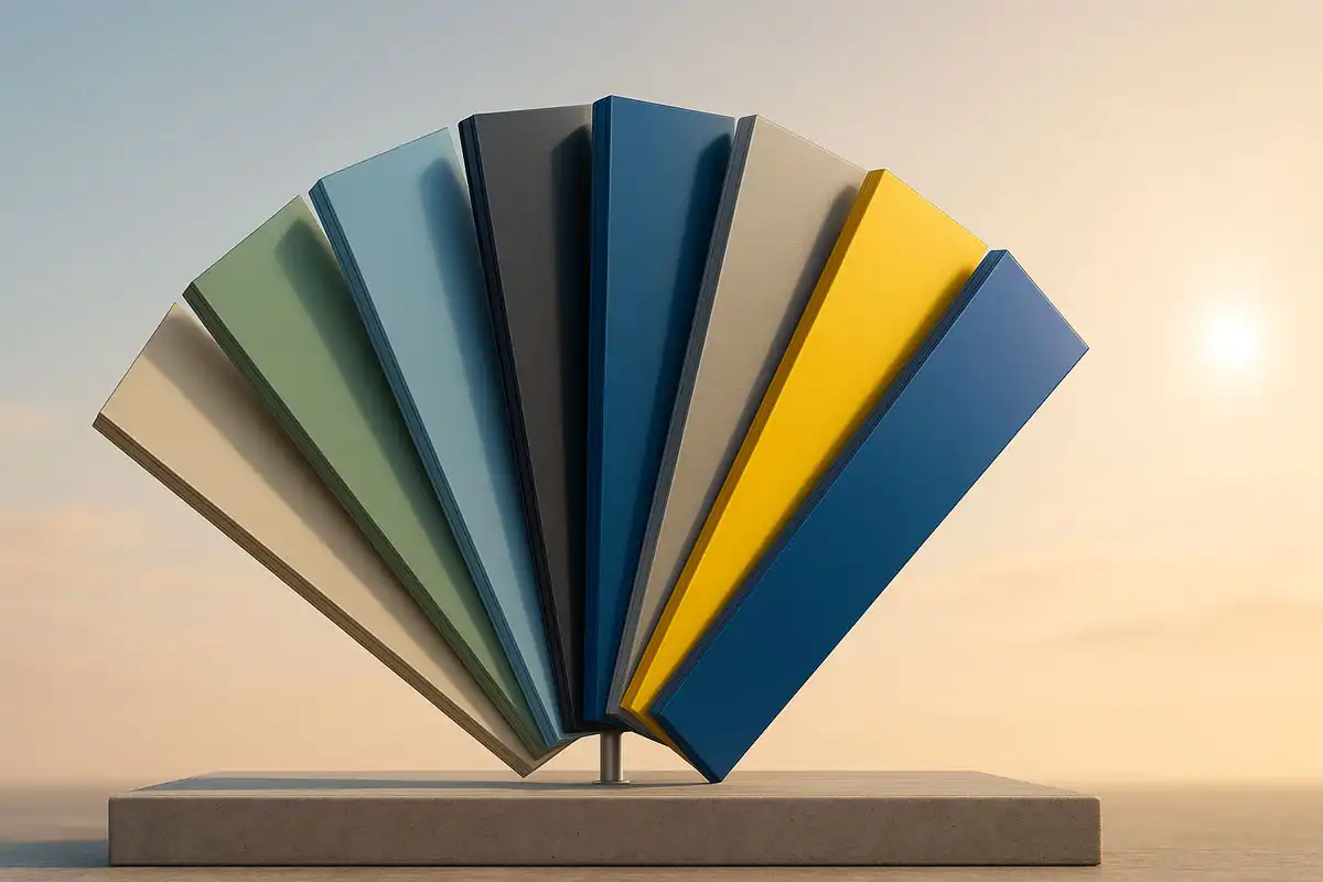 Fan display of aluminium colour samples in a range of muted and bold finishes.