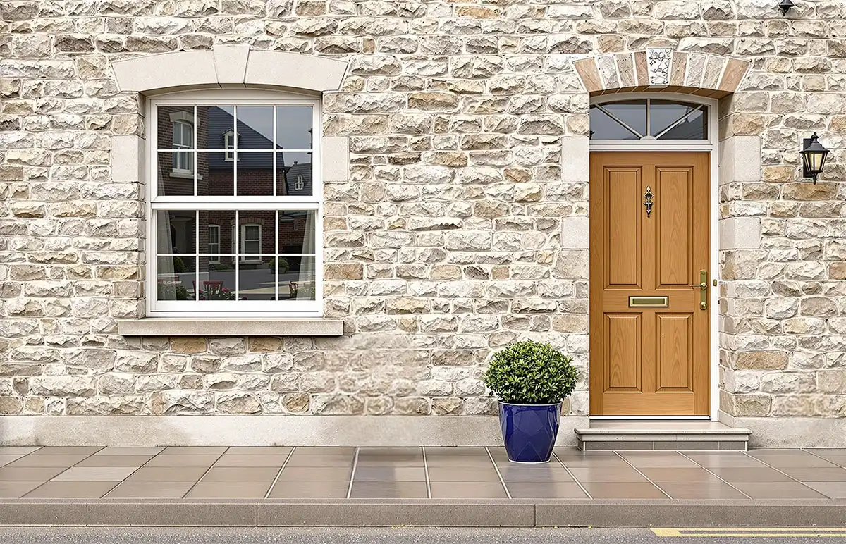 Traditional stone house with a golden oak front door and a white uPVC sash window with Georgian bars