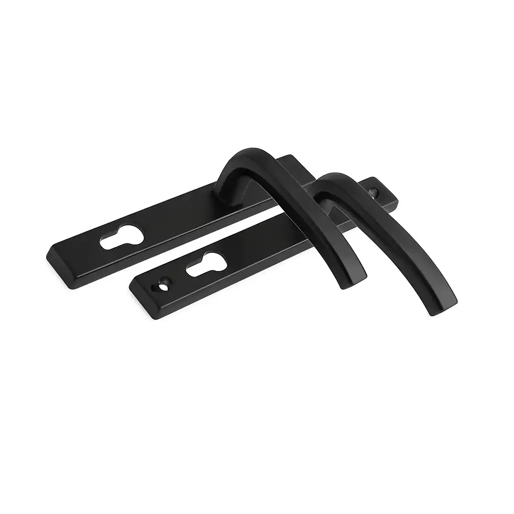 Black architectural-style door handles with rectangular backplates and keyhole cutouts.