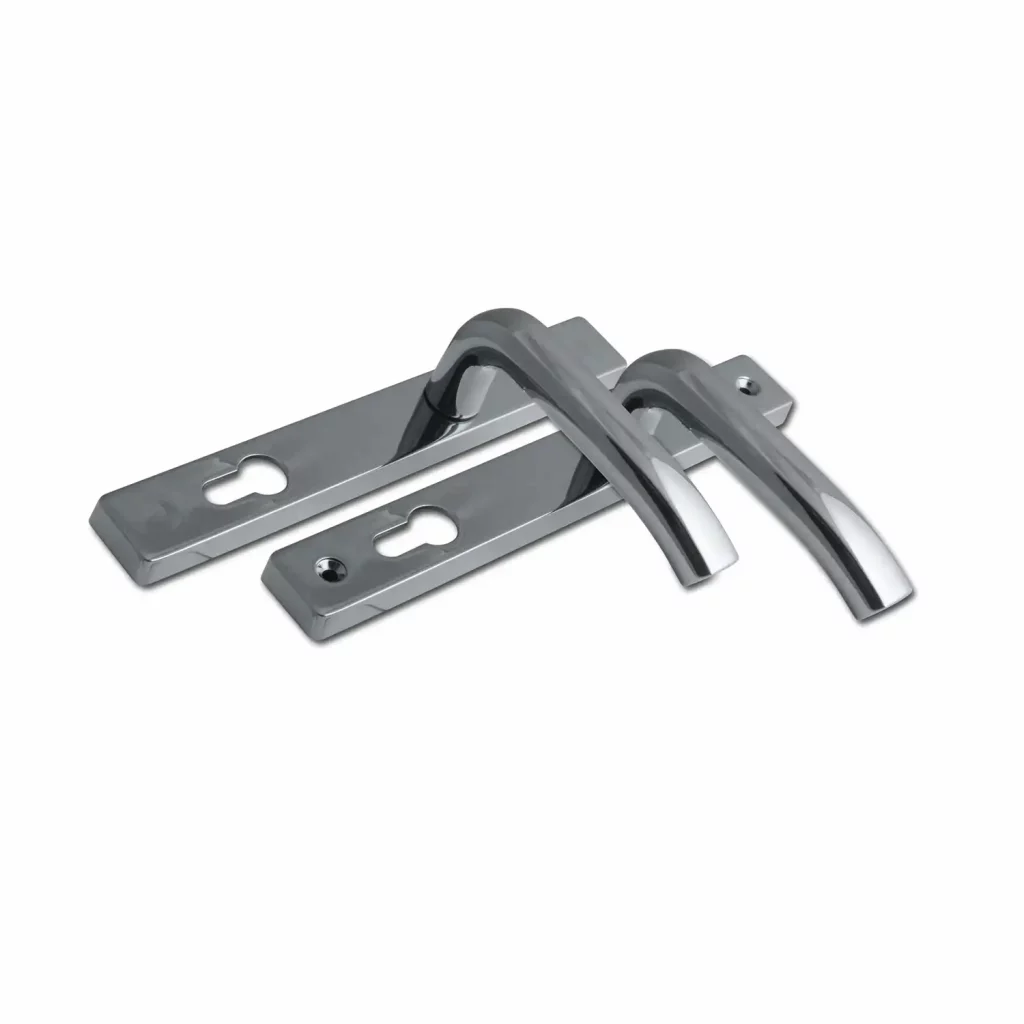 Chrome-finish architectural door handles with rectangular backplates and keyhole cutouts.