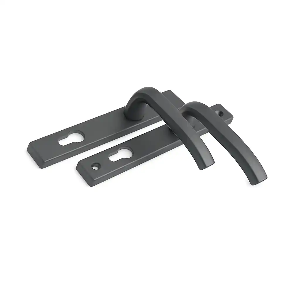 Modern graphite-finish architectural door handles with keyhole cutouts and rectangular backplates.