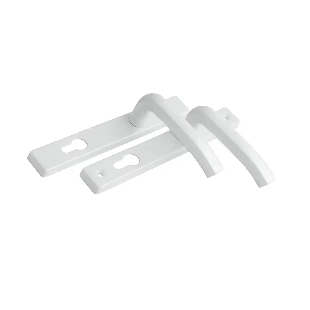 White architectural-style door handles with rectangular backplates and keyhole cutouts.