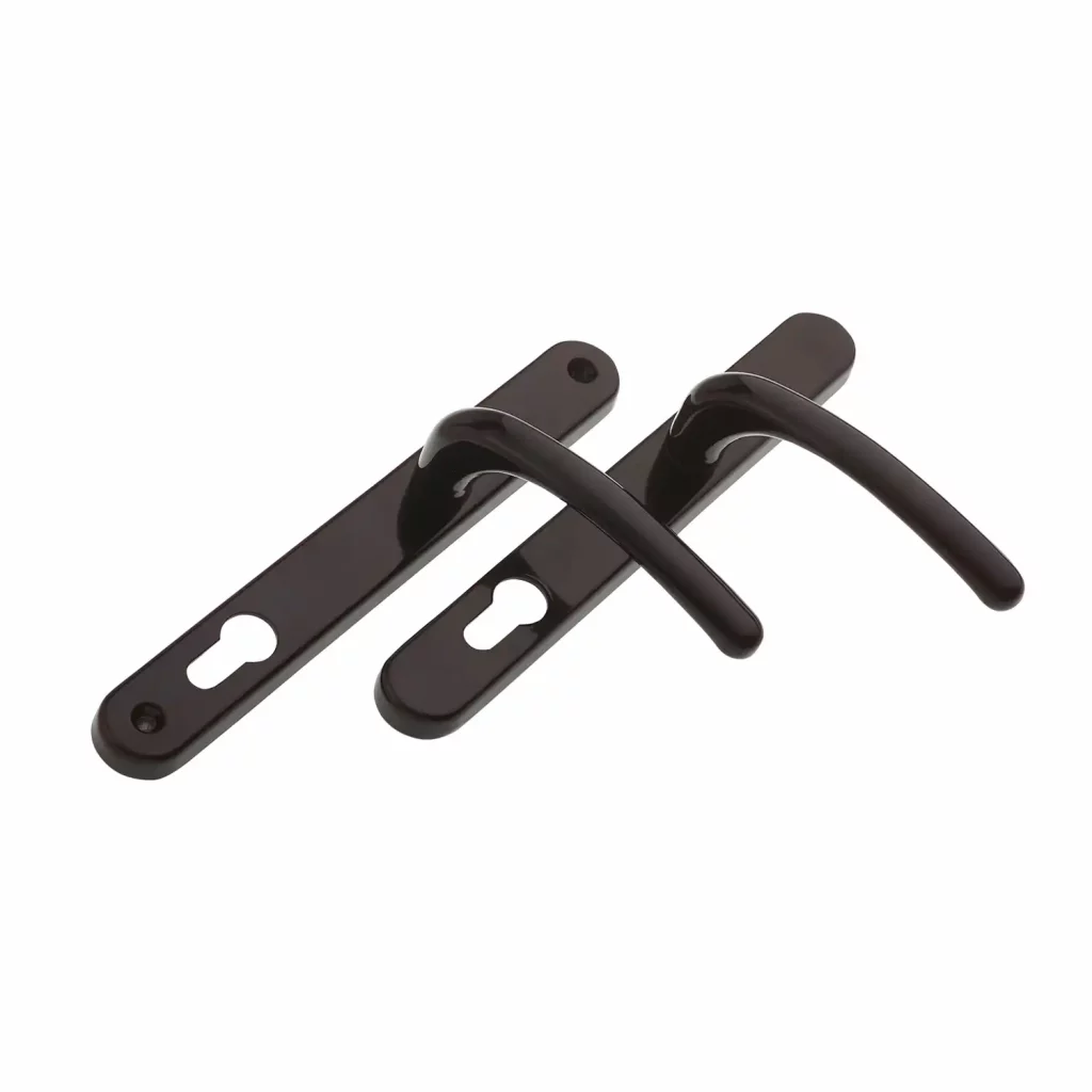 Polished black Balmoral lever door handle set with rounded backplates and keyhole cutouts.