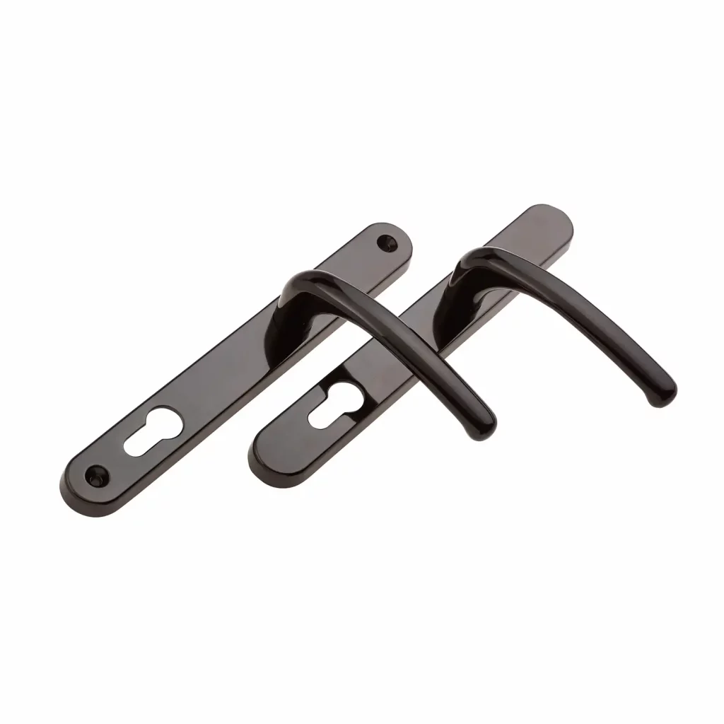 Bronze-finish Balmoral lever door handle set with rounded backplates and keyhole cutouts.