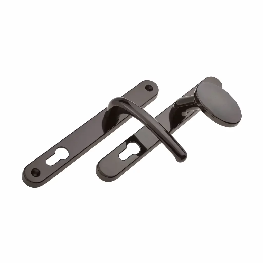 Bronze-finish Balmoral pad door handle set with rounded backplates and keyhole cutouts.