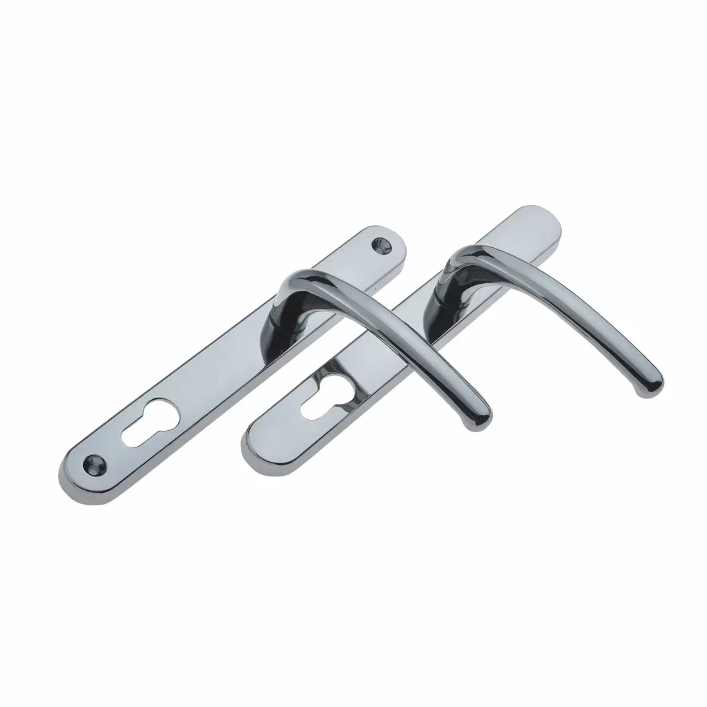 Polished chrome Balmoral lever door handle set with rounded backplates and keyhole cutouts.