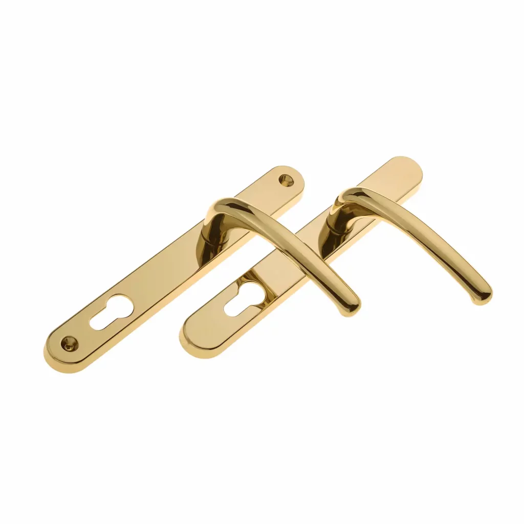 Gold-finish Balmoral lever door handle set with rounded backplates and keyhole cutouts.