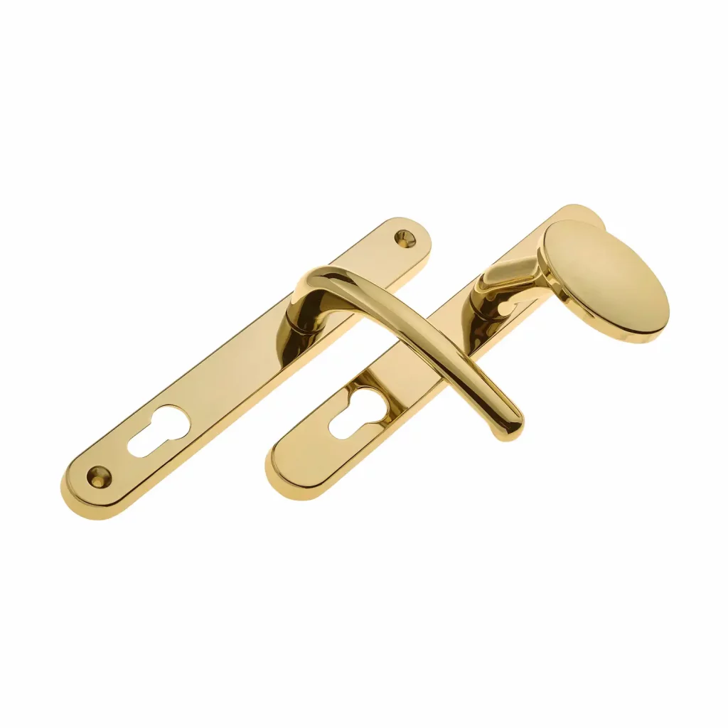 Gold-finish Balmoral pad door handle set with rounded backplates and keyhole cutouts.
