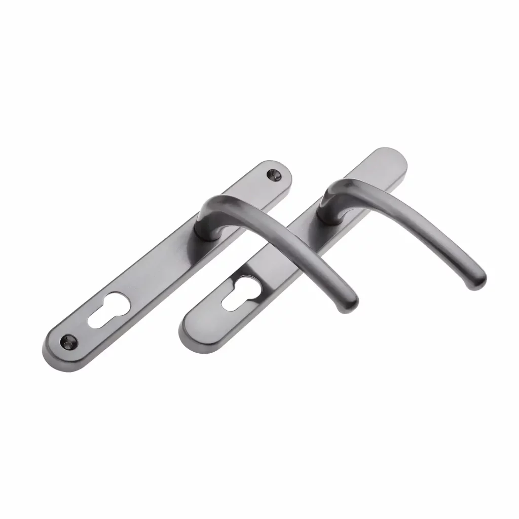 Graphite-finish Balmoral lever door handle set with rounded backplates and keyhole cutouts.