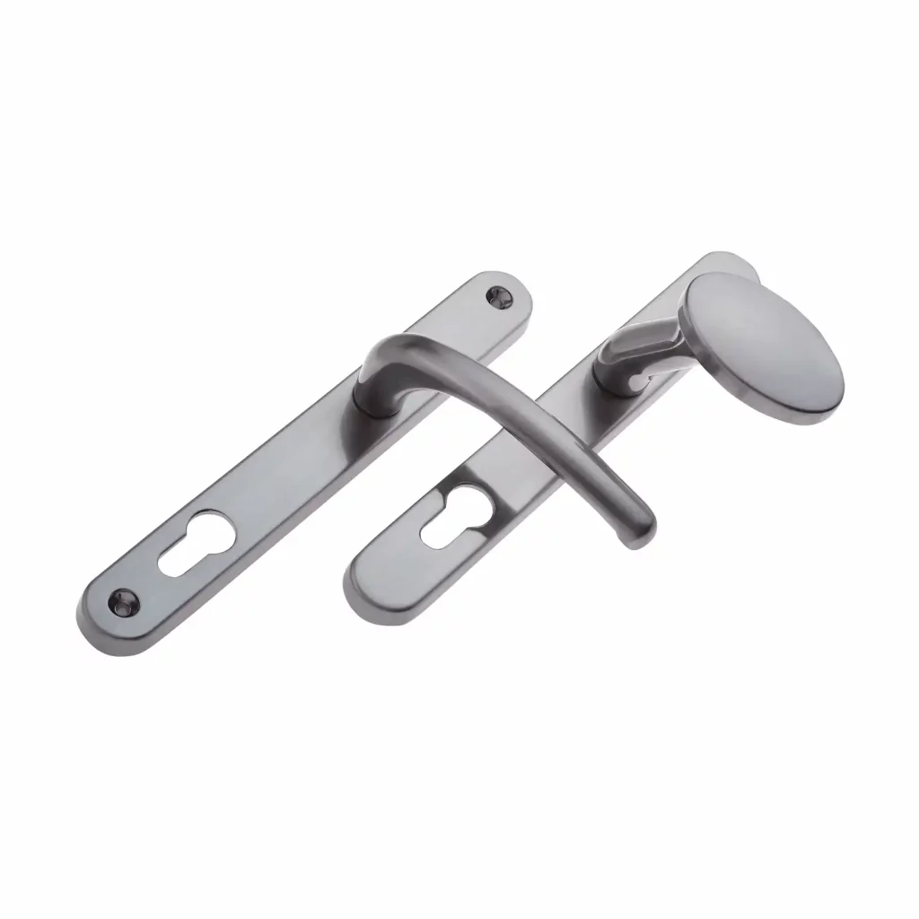 Graphite and chrome Balmoral pad door handle set with rounded backplates and keyhole cutouts.