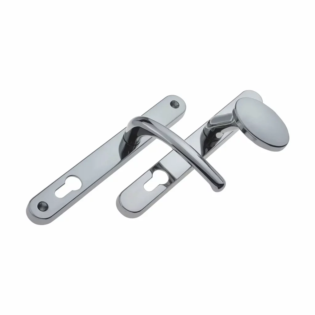 Polished chrome Balmoral pad door handle set with rounded backplates and keyhole cutouts.