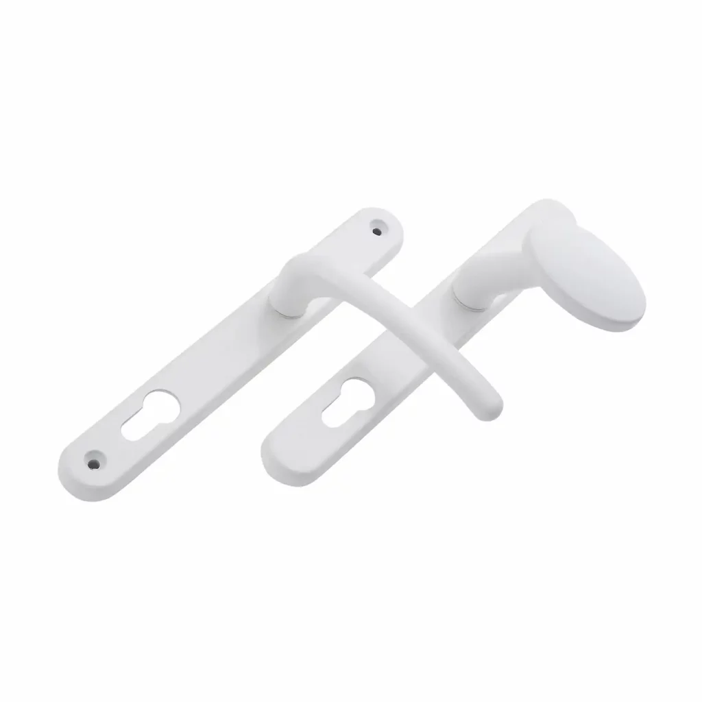 White Balmoral pad door handle set with rounded backplates and keyhole cutouts.