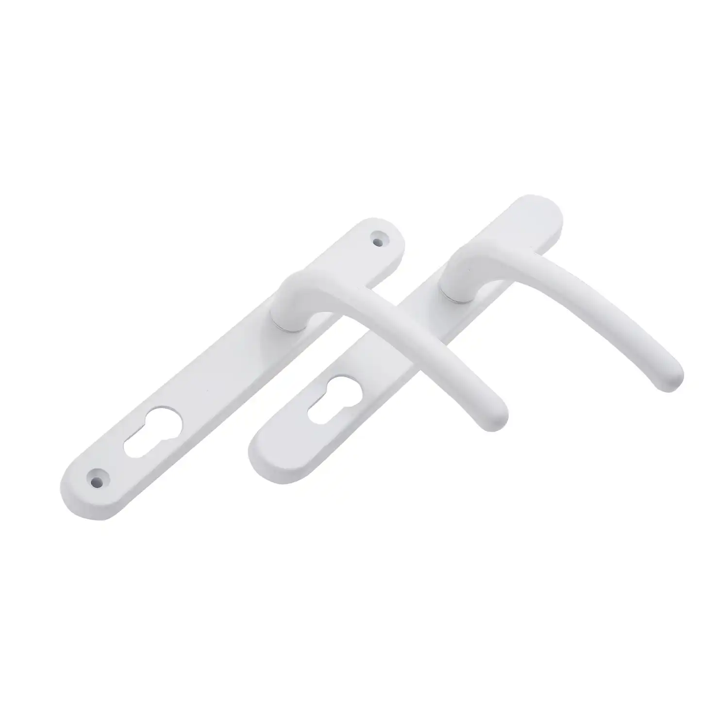 White Balmoral lever door handle set with rounded backplates and keyhole cutouts.